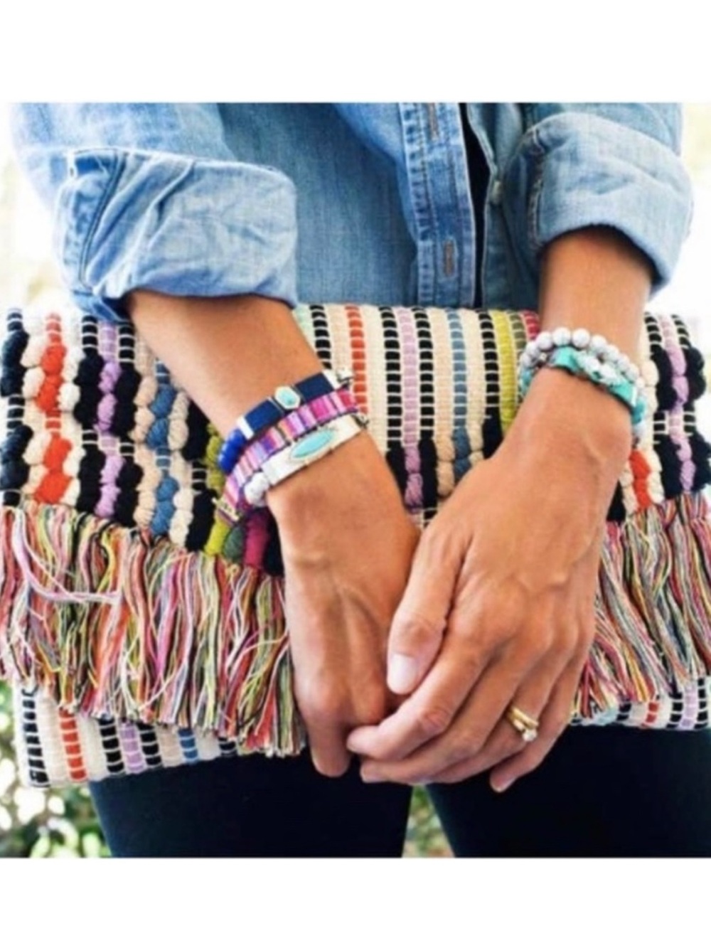 Stella & Dot Taj Clutch Bohemian Fringe Colorful Purse Woven Bag Summer Chic - Picture 2 of 16